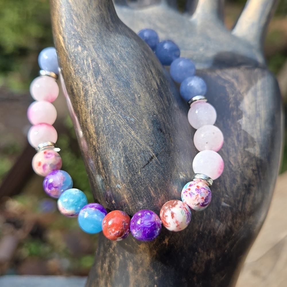 Chalcedony Soldalite & Desert agate natural crystal gemstone stretch bracelet - Picture 6 of 7